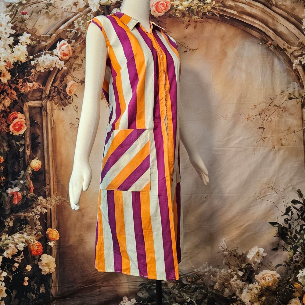 Vintage 1960s Mod Striped Shift Dress Housedress Zip Front Purple Orange Cream